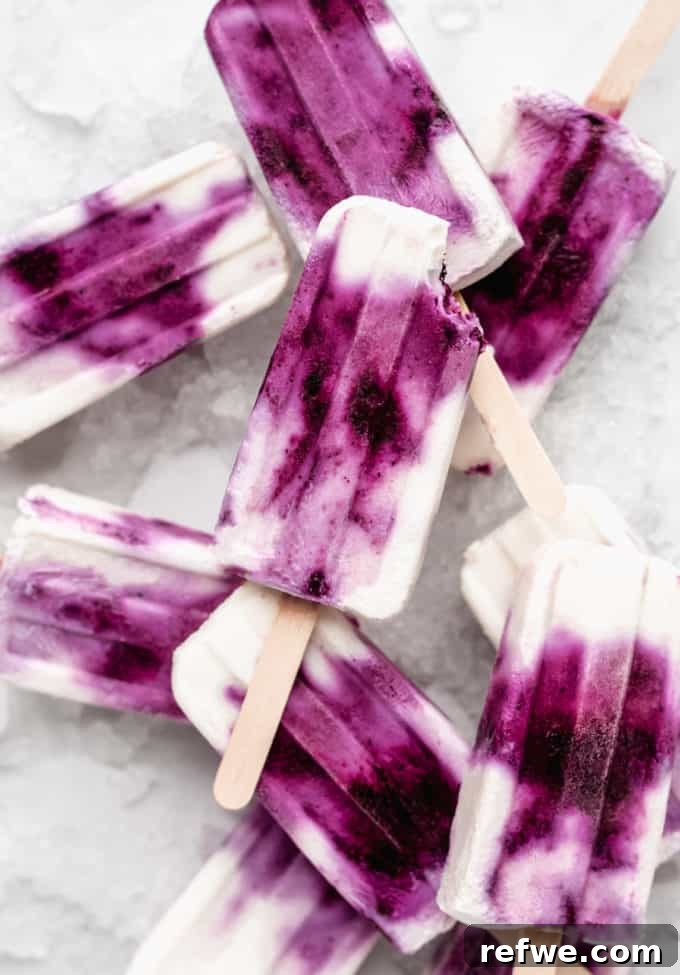 A single blueberry Greek yogurt popsicle with a bite taken out, revealing the creamy texture and fruit swirls