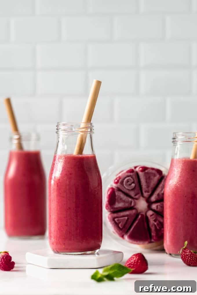 Crimson Chia Berry Delight 5 A small bottle of red smoothie next to an Evive smoothie wheel, highlighting the ease of preparation.