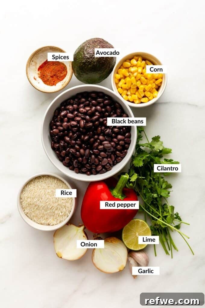 A flat lay of fresh ingredients laid out for making vegan burrito bowls, including rice, limes, cilantro, bell peppers, onions, garlic, spices, black beans, corn, and avocados.