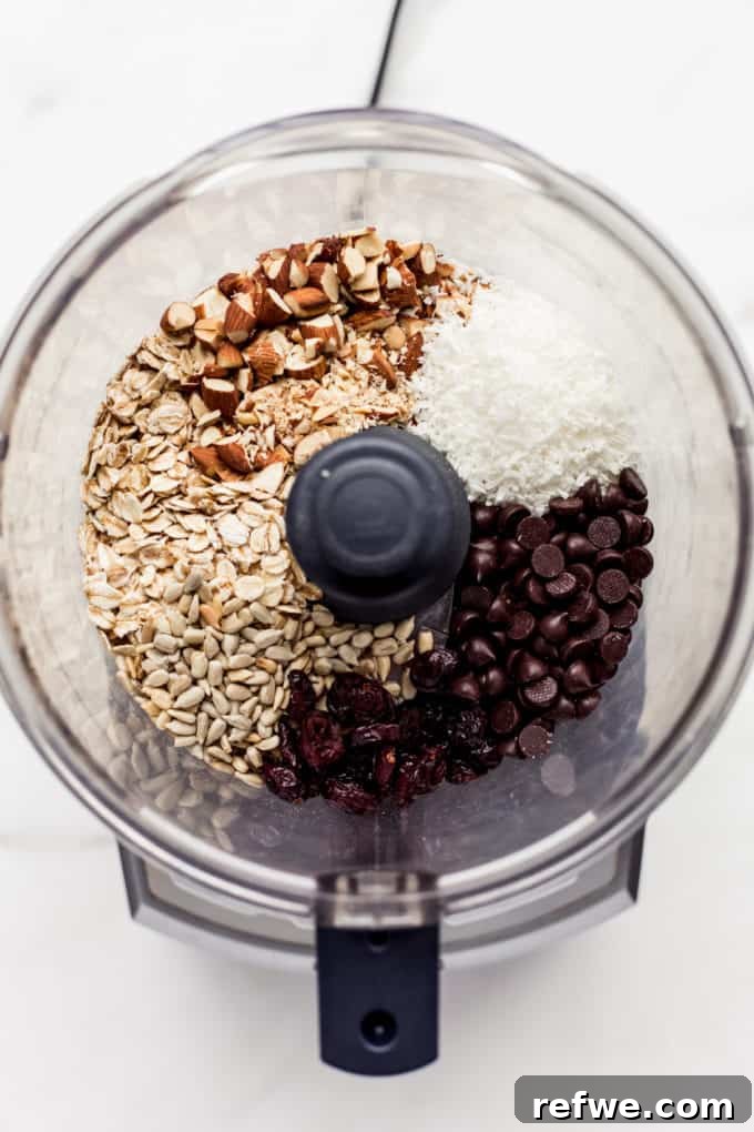 Trailblazer's Power Pods 4 A food processor bowl filled with dry ingredients: whole oats, nuts, seeds, shredded coconut, and dark chocolate chips, ready for processing.