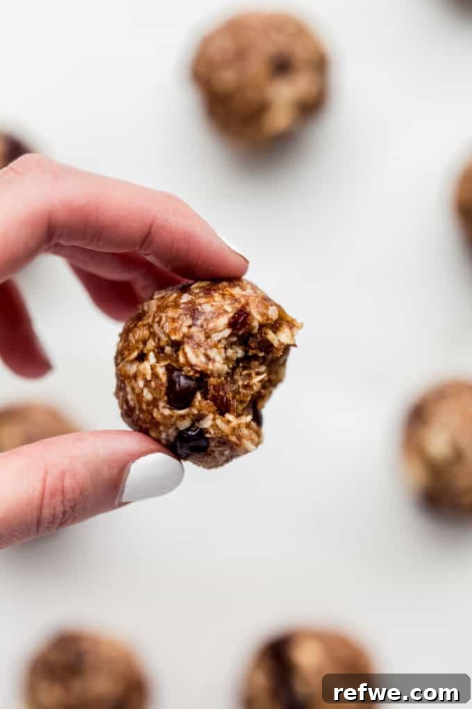 Trailblazer's Power Pods 7 A hand holding a trail mix energy ball with a bite taken out, showcasing the delicious blend of ingredients, against a blurred background.