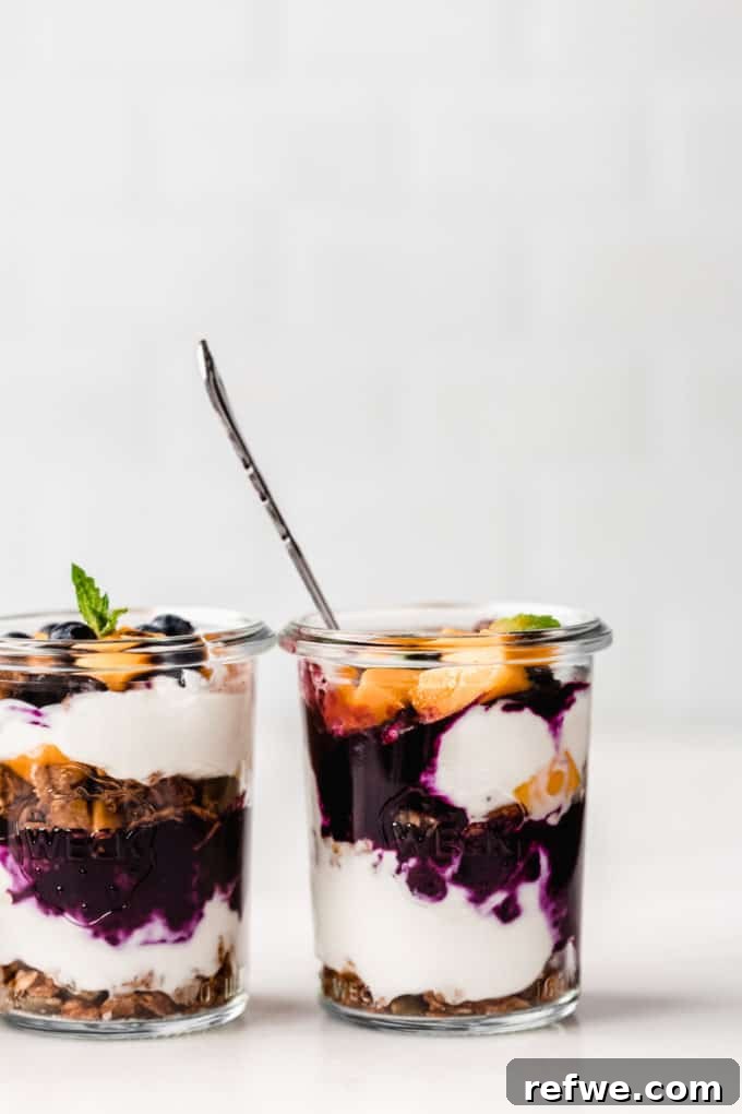 Two enticing jars of yogurt and granola parfait, clearly showing the distinct layers of creamy yogurt, vibrant blueberry jam, and diced mango.