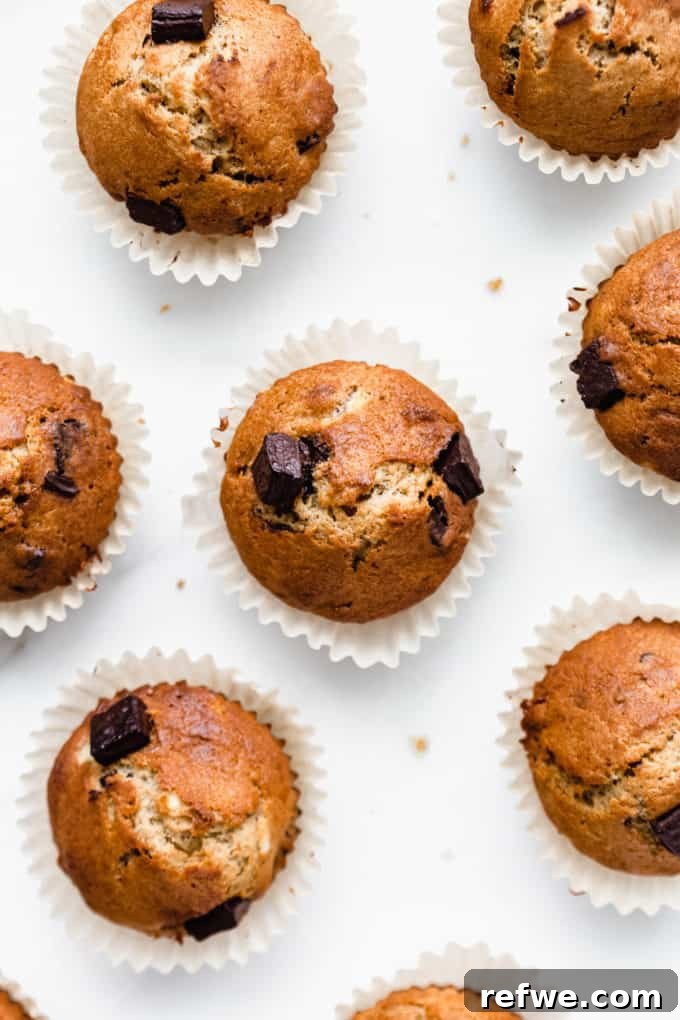 Wholesome Chocolate Chip Banana Muffins 4 Several healthy chocolate chunk banana muffins arranged on a white kitchen counter, highlighting their appealing texture.