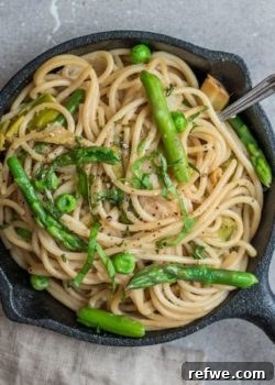 creamy spaghetti with leeks, peas, and asparagus