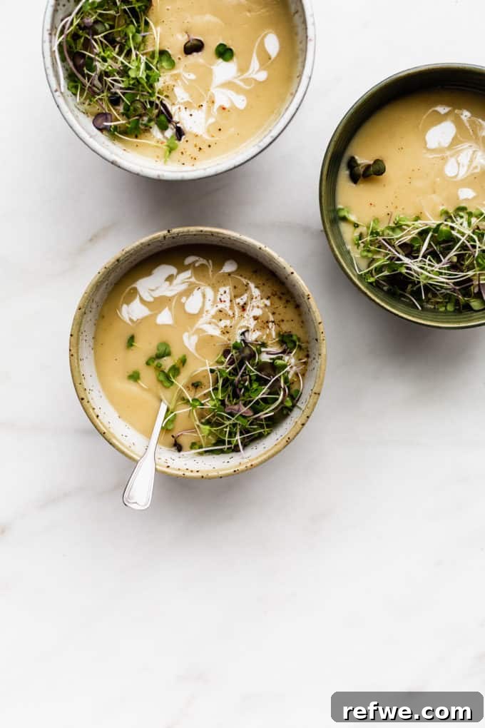 Comforting Slow-Roasted Garlic Soup 3 three bowls of roasted garlic soup with radish sprouts on top