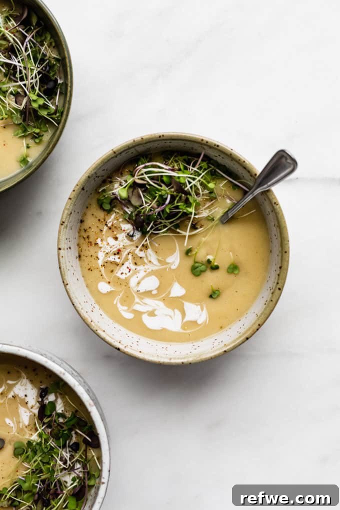 Comforting Slow-Roasted Garlic Soup 8 a bowl of roasted garlic soup topped with radish sprouts