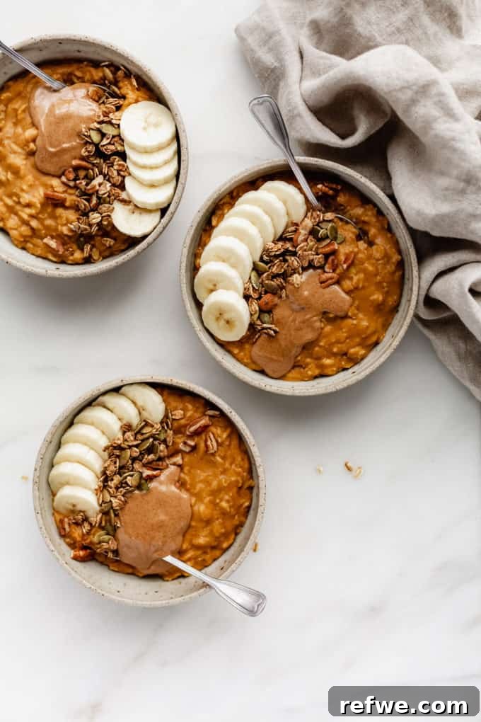 Autumn Pumpkin Spice Oats 4 three bowls of pumpkin pie oatmeal with a napkin on the side, inviting for a family breakfast