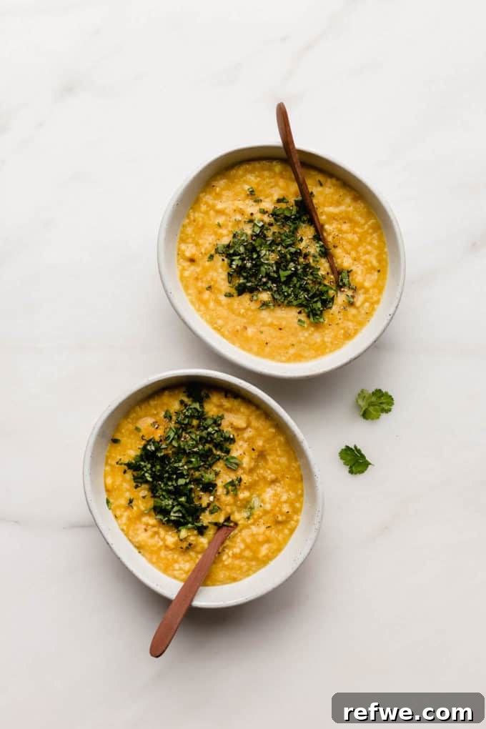 Two bowls of Ayurvedic Kitchari topped with fresh cilantro, ready to be served.