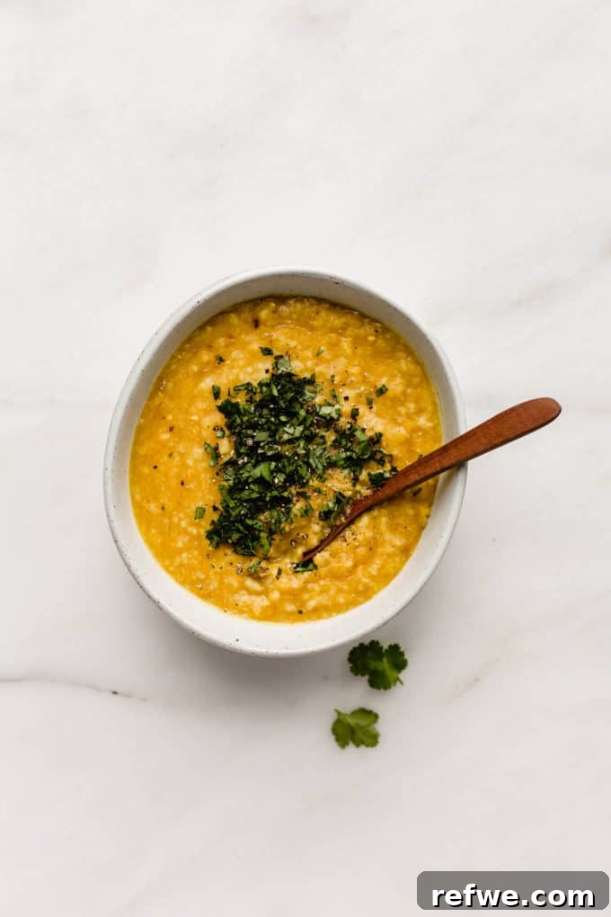 A beautifully presented bowl of Indian split mung beans and rice, garnished with fresh cilantro.