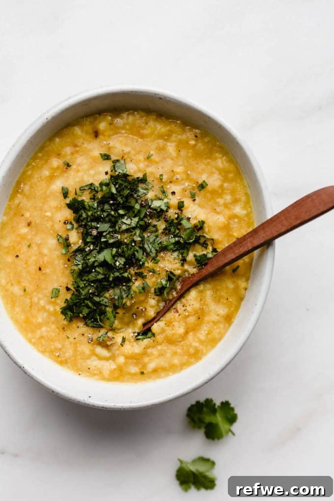 A beautiful close-up of a single bowl of steaming Ayurvedic Kitchari, garnished with fresh herbs, inviting warmth and comfort.