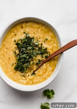 A close-up of a comforting bowl of Ayurvedic Kitchari, garnished with fresh cilantro.