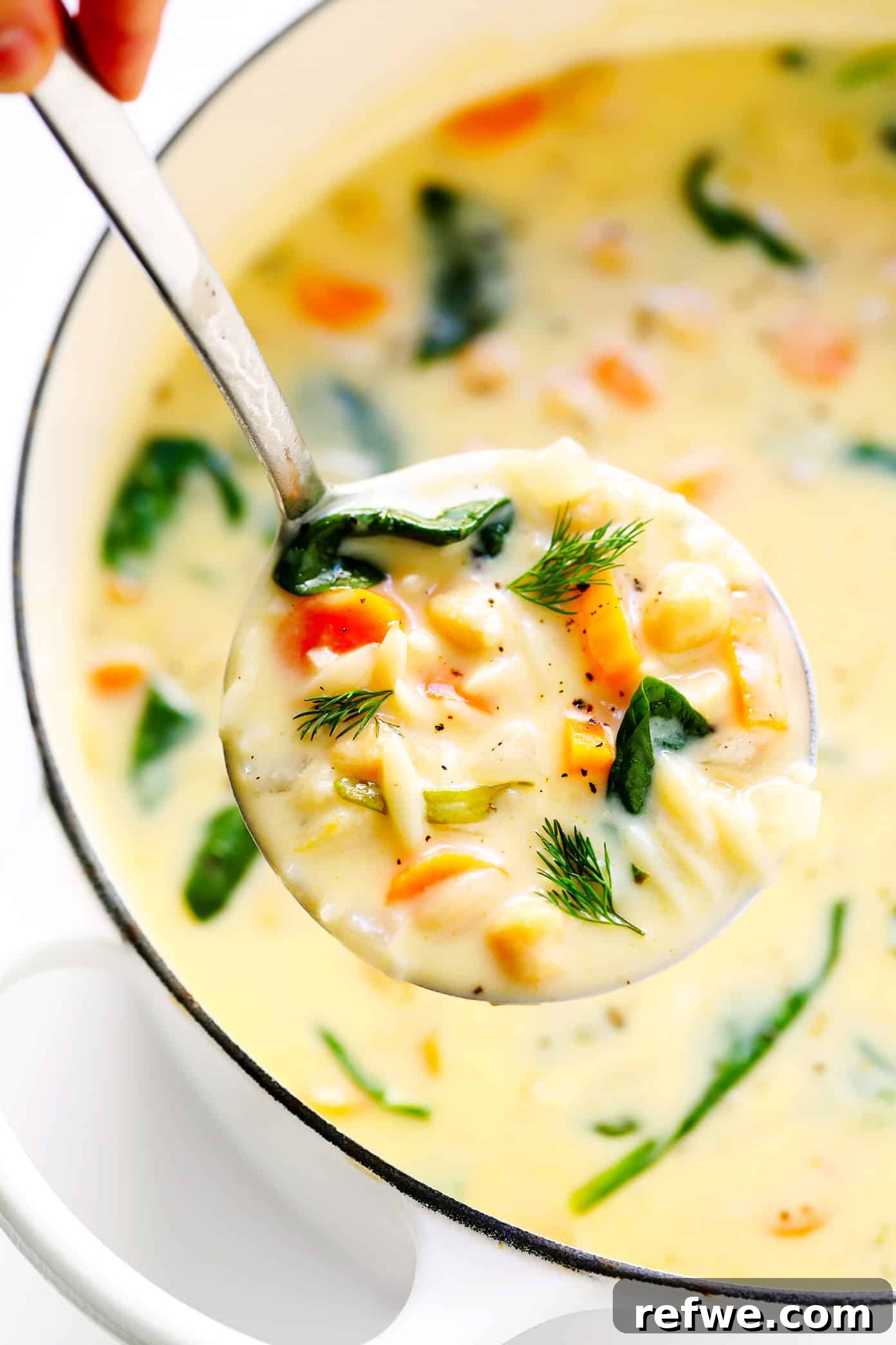 Heartwarming Plant-Based Soups for Cozy Days 12 A light and zesty lemony orzo chickpea soup with fresh dill.