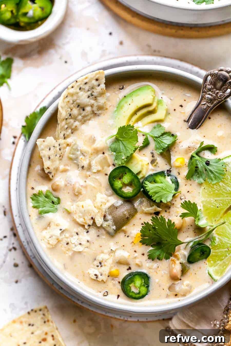 Heartwarming Plant-Based Soups for Cozy Days 14 A creamy white bean enchilada soup topped with fresh cilantro and tortilla strips.