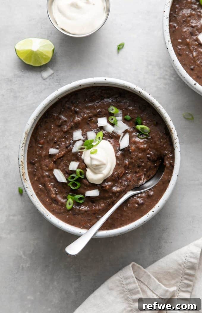 Heartwarming Plant-Based Soups for Cozy Days 19 A thick and hearty Cuban black bean soup, garnished with red onion and cilantro.