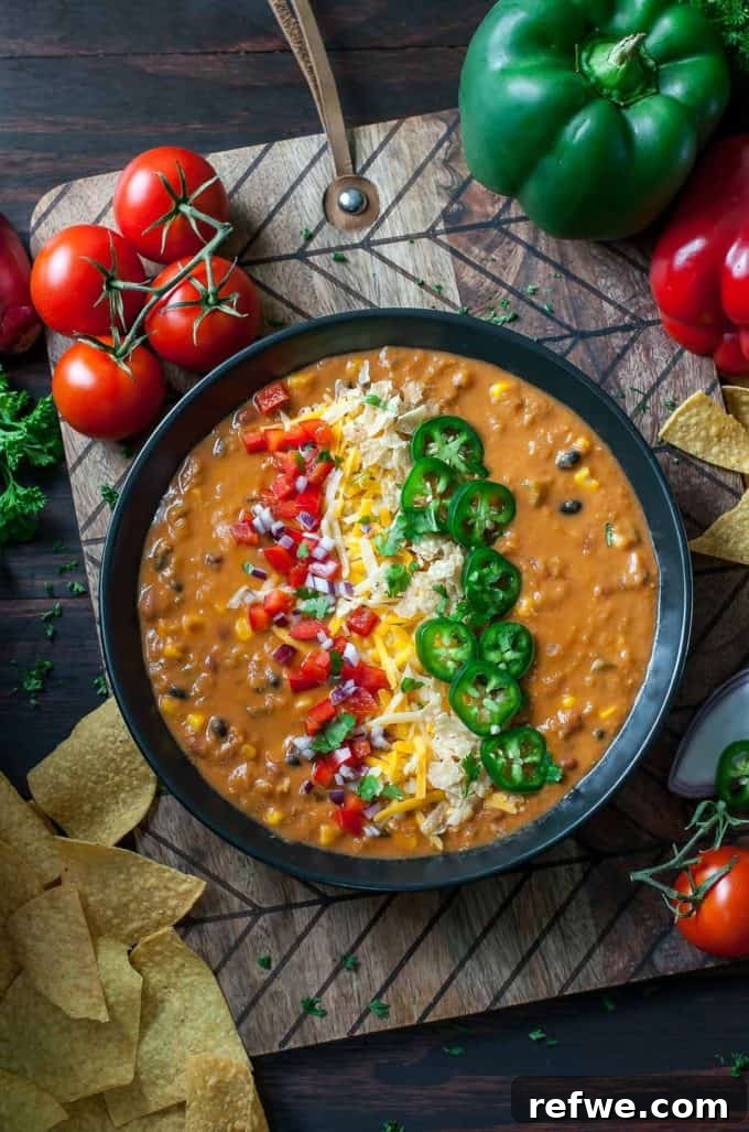 Heartwarming Plant-Based Soups for Cozy Days 23 A colorful bowl of lentil tortilla soup topped with avocado, tortilla strips, and a swirl of cream.