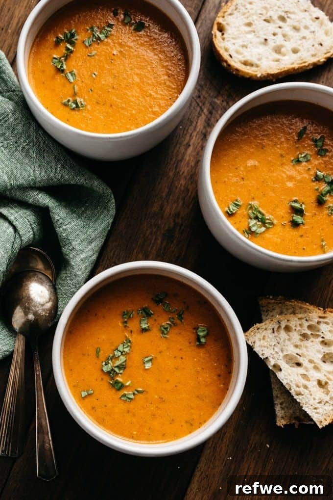 Heartwarming Plant-Based Soups for Cozy Days 10 A bowl of rustic roasted tomato soup, garnished with fresh basil leaves.