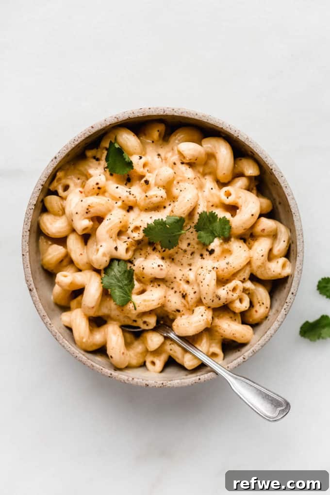 Korean Fusion Vegan Mac and Cheese 2 A top-down view of a steaming bowl of creamy vegan mac and cheese noodles infused with vibrant kimchi