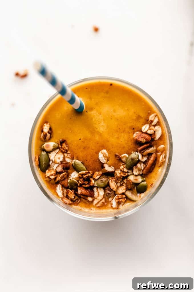 Golden Pumpkin Spice Blend 4 A beautifully styled top-down view of a creamy pumpkin pie smoothie, showcasing its rich texture and inviting garnish.