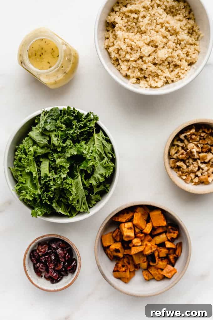 Kale, quinoa, sweet potato, walnuts, cranberries, and salad dressing in separate bowls on a marble board, ready for mixing