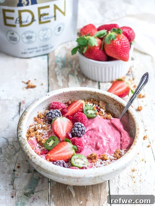 Creamy Raspberry Banana Smoothie Bowl with Crunchy Eden Rawnola 3 raspberry banana smoothie bowl with eden rawnola
