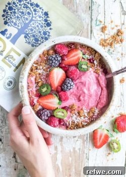 raspberry banana smoothie bowl with eden rawnola