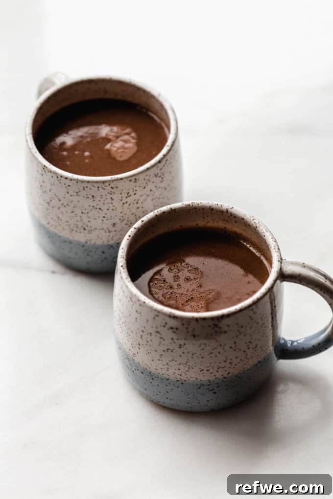 Velvet Vegan Hot Chocolate 3 Two white and blue cups with vegan hot chocolate in them, garnished beautifully