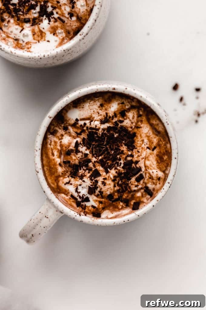Velvet Vegan Hot Chocolate 4 a cup filled with vegan hot chocolate topped with whipped cream and chocolate shavings, looking decadent