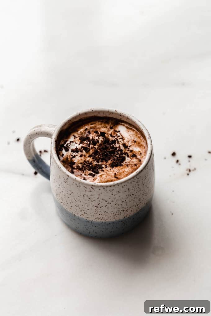 Velvet Vegan Hot Chocolate 5 A white and light blue ceramic mug filled with hot chocolate, ready to be enjoyed