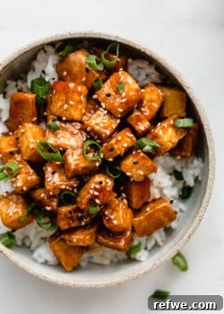 A bowl filled with rice and sweet and sour tofu topped with sliced green onions
