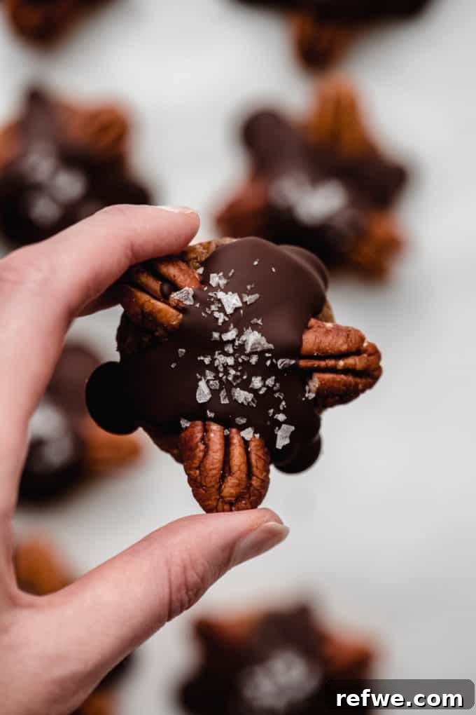 Wholesome Chocolate Turtles 10 A hand holding a single healthy chocolate turtle candy, showing its inviting texture