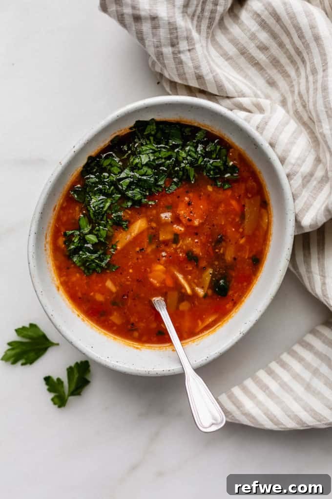 Hearty Vegetarian Cabbage Soup 7 A beautifully presented bowl of cabbage soup, garnished with fresh parsley and a spoon, ready to be enjoyed