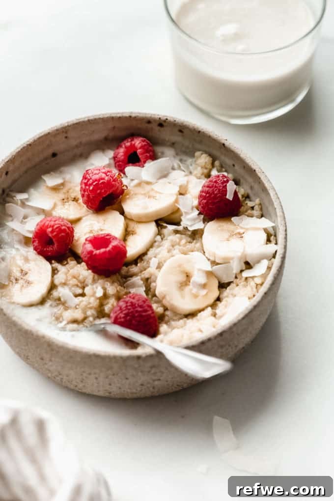 Morning Quinoa Nourishment 6 A beautifully presented bowl of quinoa breakfast, generously topped with vibrant banana slices, juicy raspberries, and delicate coconut flakes, capturing a healthy and delicious morning meal.