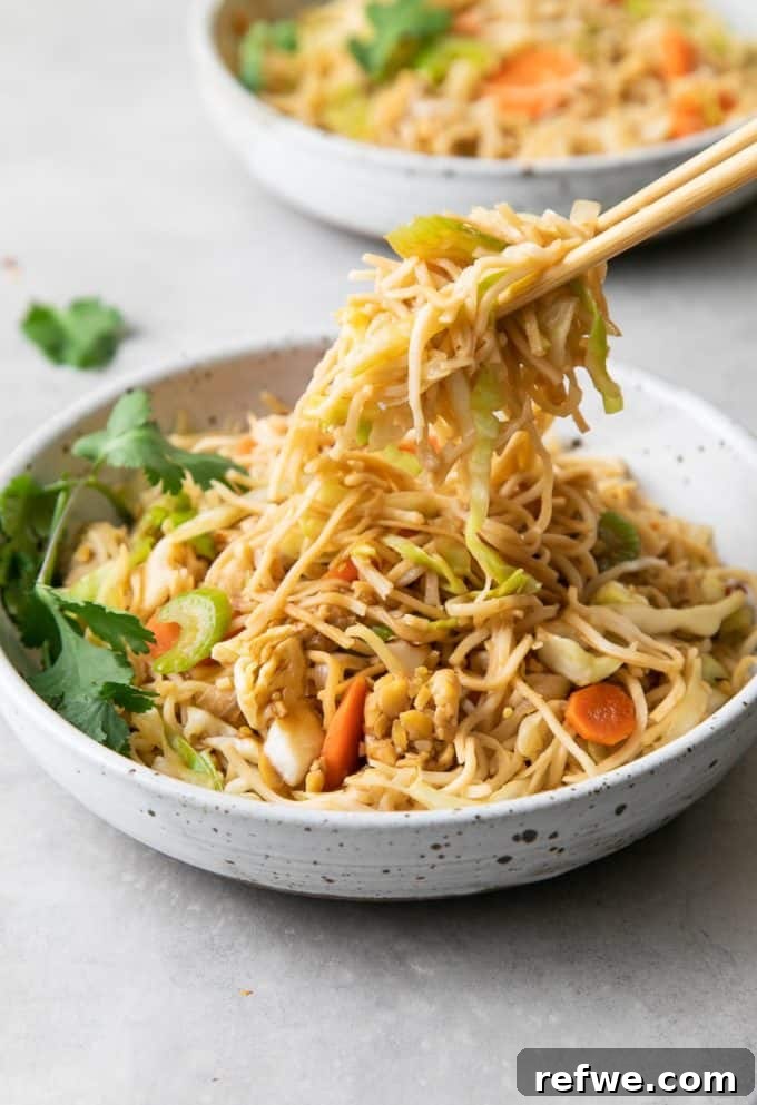 Unlock Tempeh's Potential 23 Recipes and a Full Cooking Guide 19 Chopsticks skillfully scooping up a hearty portion of Tempeh Chow Mein from a white bowl, showcasing noodles, vegetables, and tempeh.