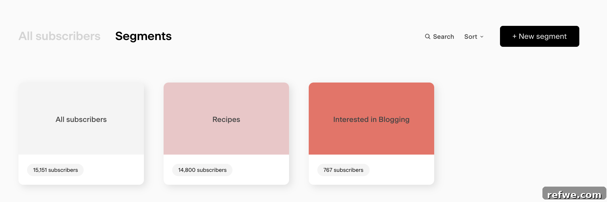 Our Email Marketing Evolution: Why We Chose Flodesk 11 A screenshot of Flodesk's audience segmentation interface, displaying various subscriber segments and options for managing them.
