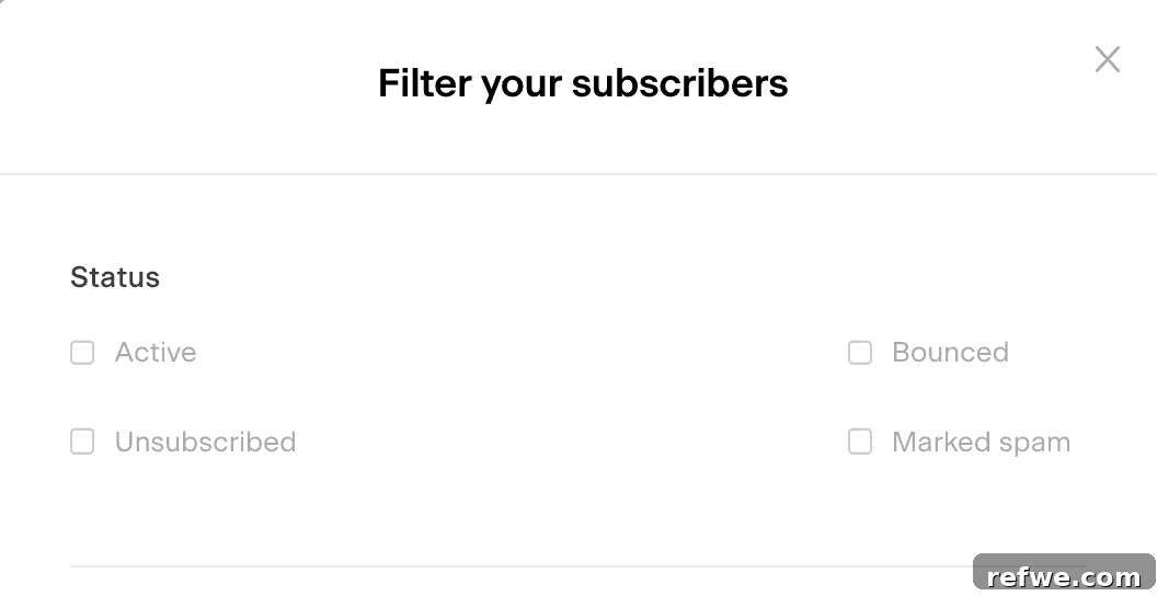 Our Email Marketing Evolution: Why We Chose Flodesk 13 A screenshot of Flodesk's audience filtering options, demonstrating how to identify and manage unsubscribed, bounced, or spam-flagged contacts for list hygiene.