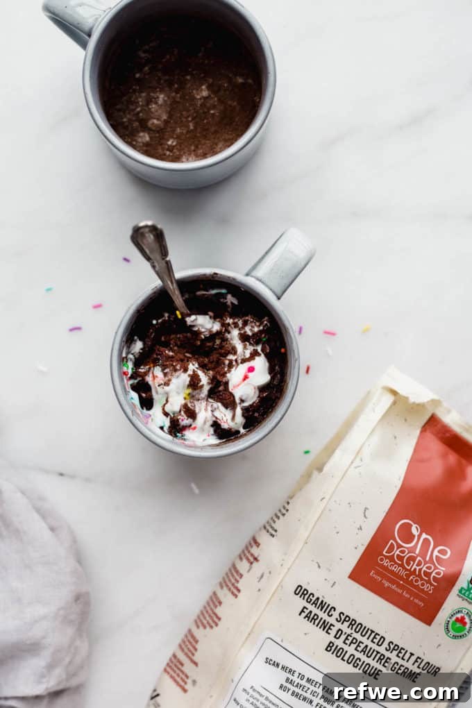 A delicious chocolate mug cake with whipped cream, accompanied by a bag of One Degree Organics Sprouted Spelt Flour, highlighting the key ingredient.