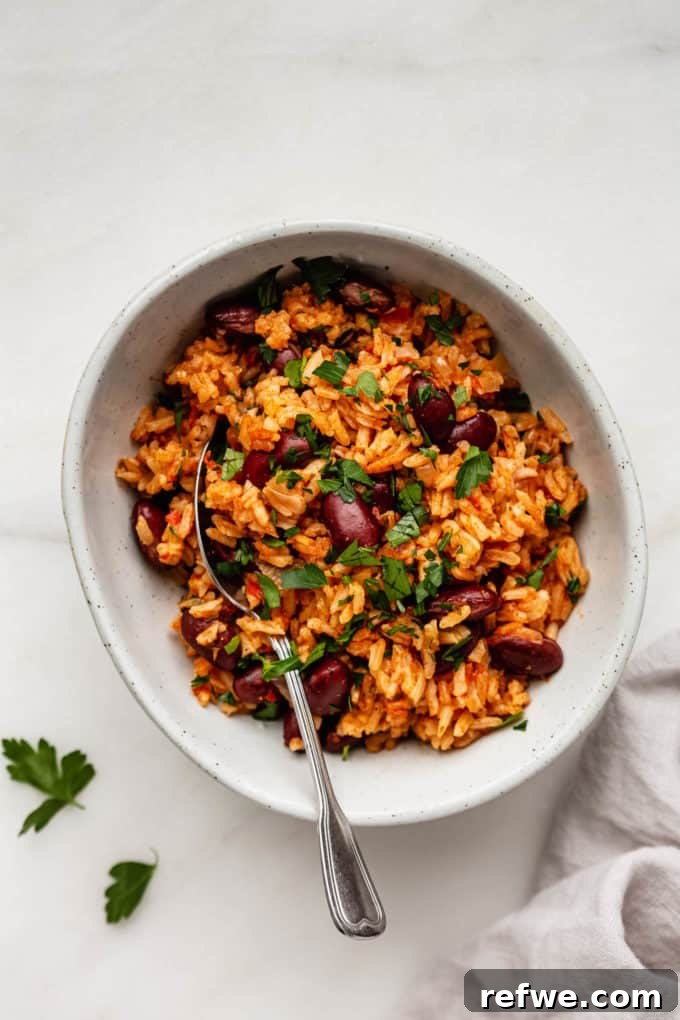 Classic Spanish Red Beans and Rice 8 Spanish rice and beans in a bowl with fresh parsley on top and a spoon in it, ready to be eaten