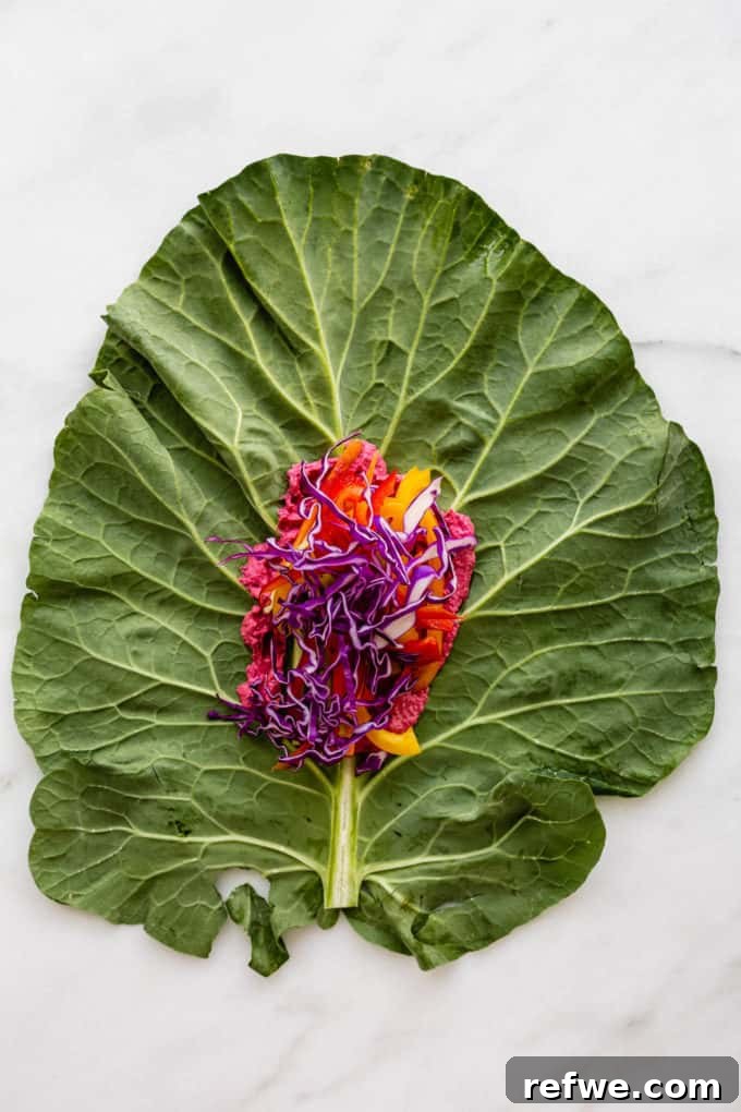 Vibrant Garden Collard Wraps 6 Finely shredded purple cabbage adding a vibrant touch and crunch to the collard wrap ingredients.