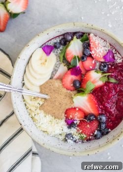 Hippie Breakfast Bowl with fresh fruits and super seeds, ready to serve.