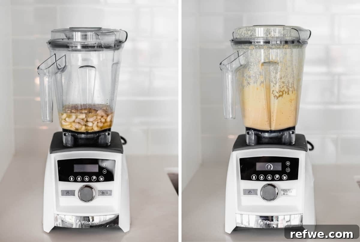 Ultimate Dairy-Free Queso 10 two side by side images of a blender before and after blending queso