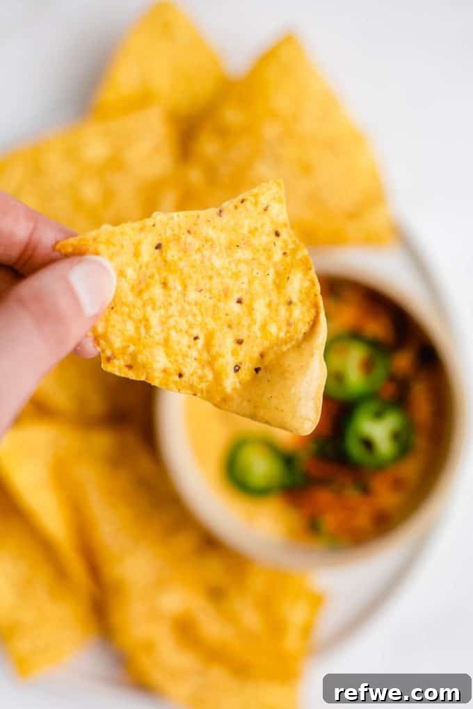 Ultimate Dairy-Free Queso 7 A crispy tortilla corn chip perfectly scooped with a dollop of rich, smooth vegan queso.