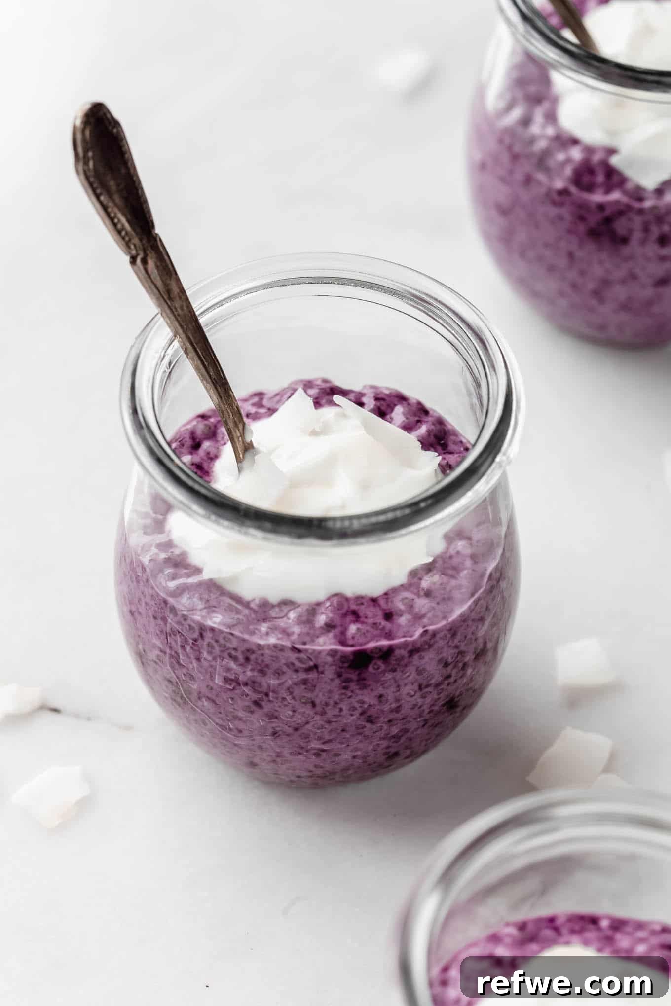 A beautifully presented cup of creamy blueberry chia pudding, generously topped with delicate coconut flakes and fresh blueberries, ready to be enjoyed as a healthy breakfast or snack.