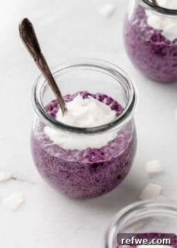 A cup of incredibly creamy blueberry chia pudding, beautifully topped with toasted coconut flakes and fresh blueberries, ready to be devoured as a wholesome meal.
