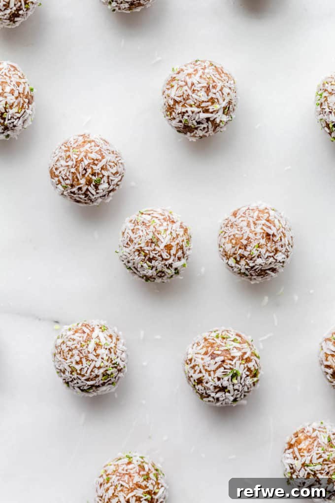 Key Lime Power Bites 3 Key Lime Pie Energy Balls topped with delicate shredded coconut, showcasing their appealing texture.