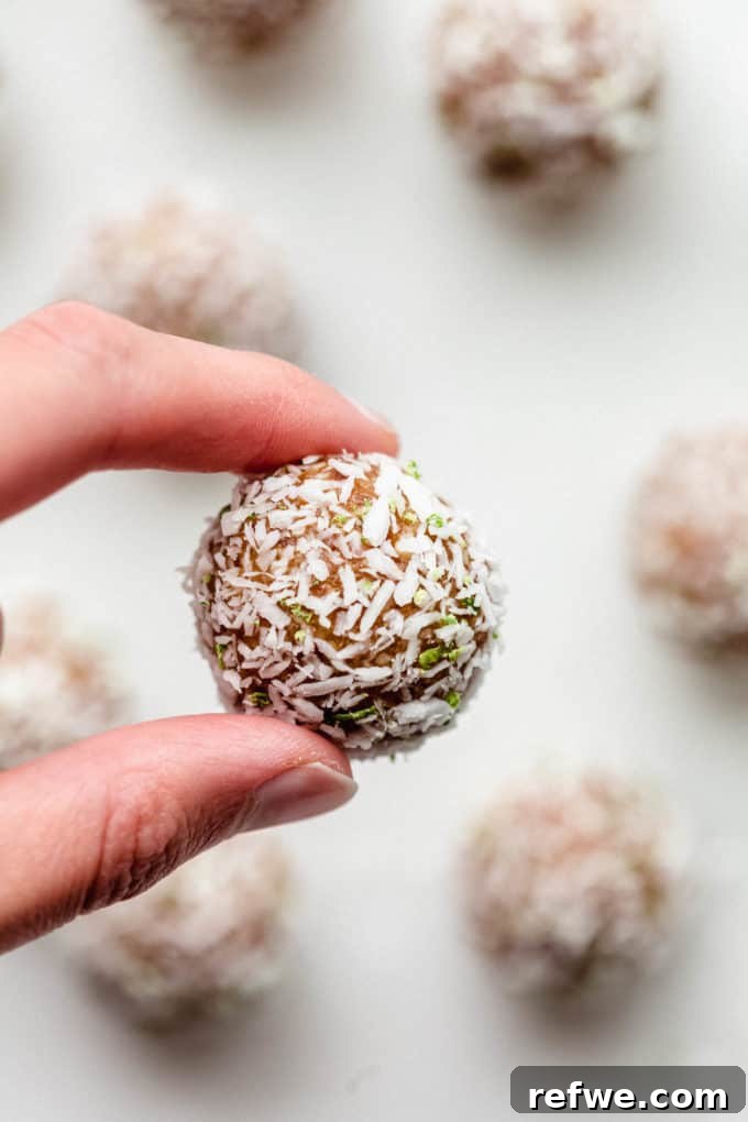 Key Lime Power Bites 9 A hand gracefully holding a single Key Lime energy ball, emphasizing its perfect snack size and inviting texture.