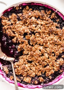 Wholesome Blueberry Crumble 10 A healthy blueberry crisp with a serving spoon, showcasing the delicious topping and juicy filling.