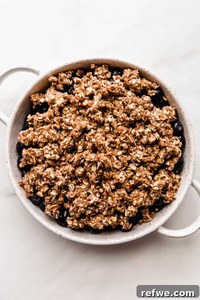 Wholesome Blueberry Crumble 6 An unbaked blueberry crisp, showcasing the generous layer of golden crumble topping over the blueberries in a white baking dish.