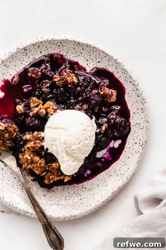 Wholesome Blueberry Crumble 9 A slice of healthy blueberry crisp on a white speckled plate, elegantly topped with a scoop of creamy vanilla ice cream.