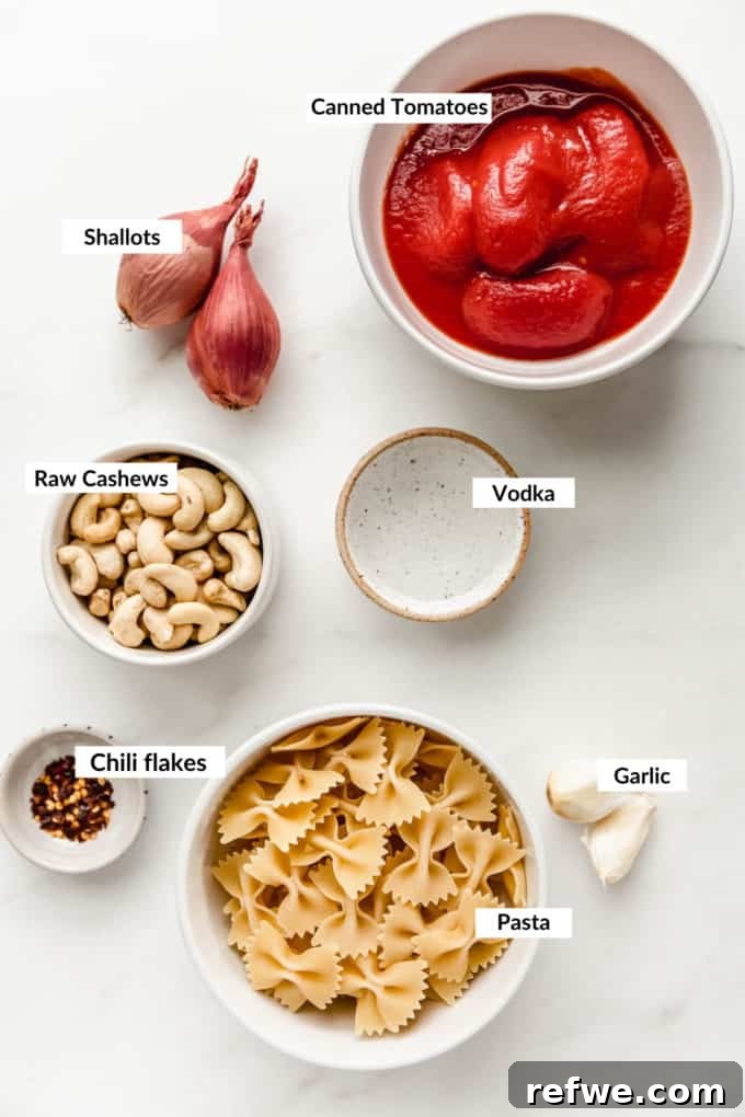Velvety Vegan Vodka Pasta 3 A flat lay photograph showcasing the fresh ingredients required to make vegan vodka pasta, including cashews, tomatoes, shallots, garlic, and olive oil.