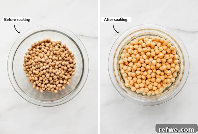 Infused Chickpea Bites 3 A side-by-side comparison showing small, hard dried chickpeas next to plump, fully rehydrated chickpeas in a bowl, demonstrating the soaking process.